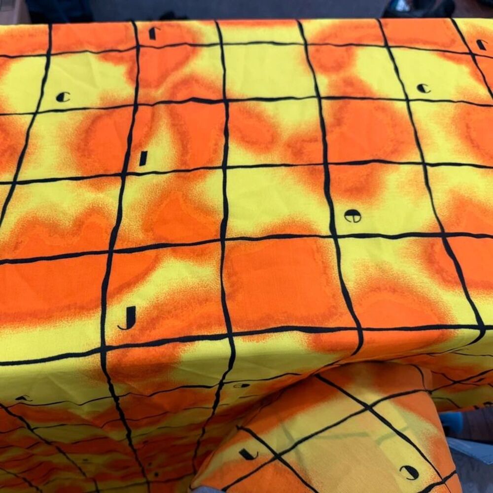 1 yrd x 45.5 Vintage Orange Yellow Letters, Polyester (Chiffon), unwashed